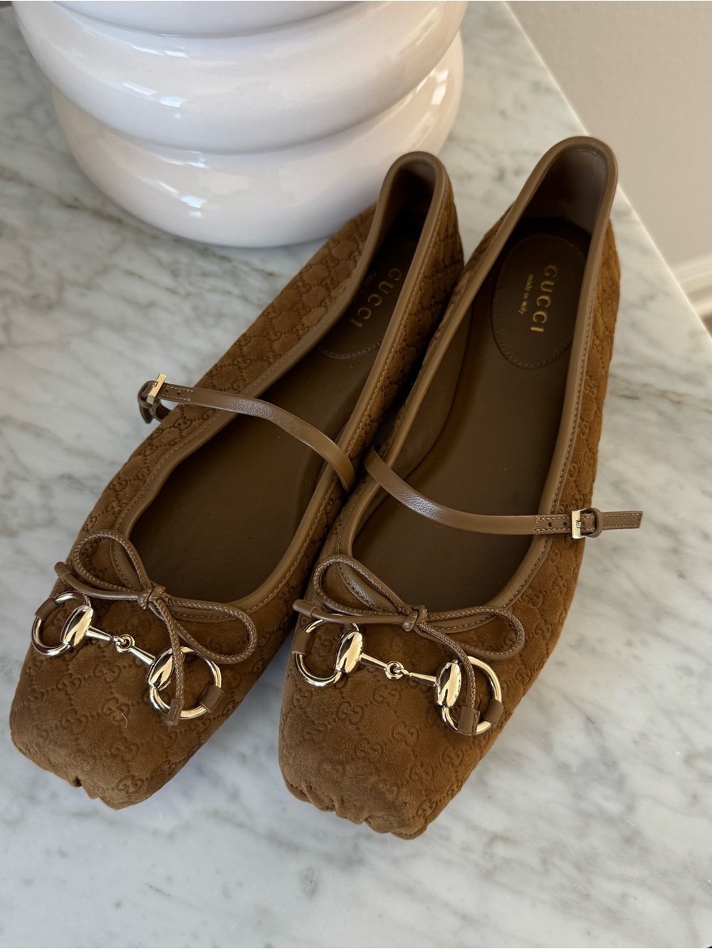 Gucci Brown Suede GG Horsebit Ballet Flats with Ankle Strap
